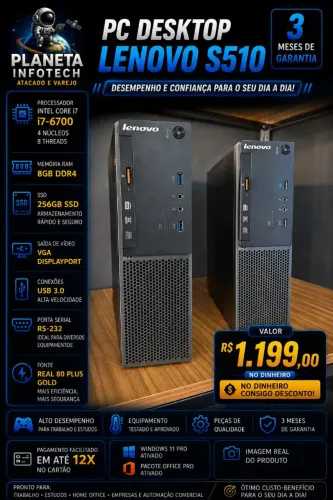 CPU Micro Slim Lenovo core i7 6700 com 8gb de ram DDR4 + SSD 256gb ( 3 meses de garantia )