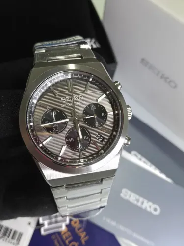 Relógio Seiko Chronograph Meca-Quartz Cinza Texturizado Safira 40mm Full Set 