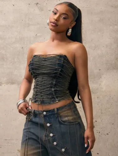 Conjunto Top Corset de Denim com Detalhe de Cadarço, Corset de D Lavagem Média / P(S) 