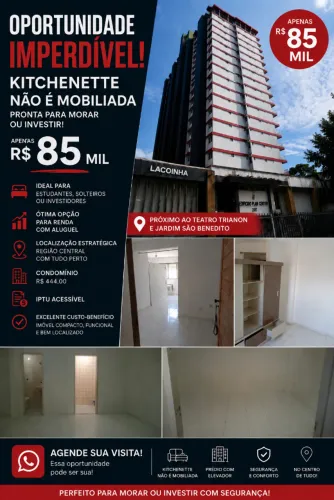 Kitnet com sala, quarto cozinha e banheiro.
