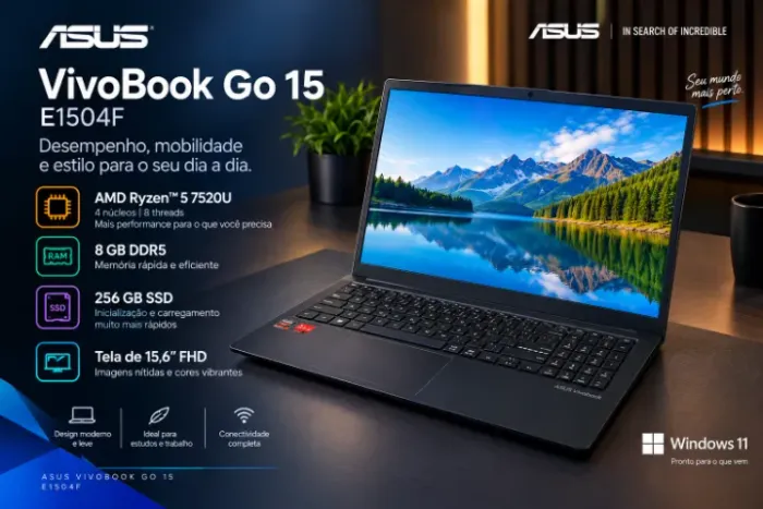 Notebook ASUS VivoBook Go 15 Ryzen 5 7520U 8GB DDR5 256GB SSD