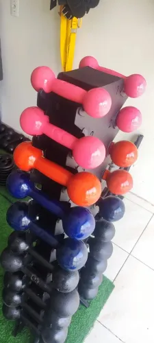 Halteres no suporte musculação completo