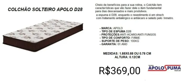 COLCHÃO SOLTEIRO D28 APOLO ESPUMAS 