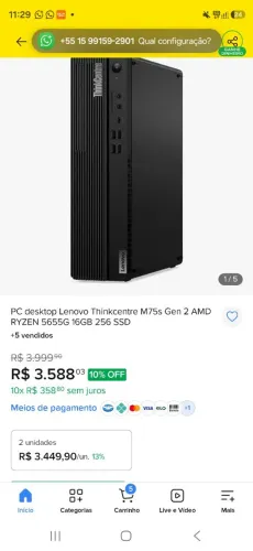 Mini computador Lenovo Thinkcentre M75s gen 2 rysen 5 pro 5655g 16gb 256ssd novo