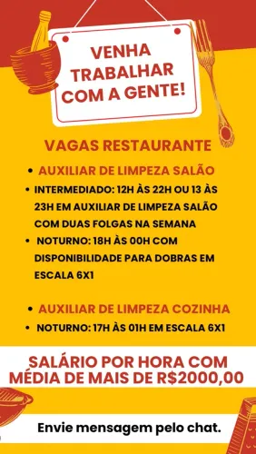 VAGAS: AUXILIAR DE LIMPEZA - RESTAURANTE