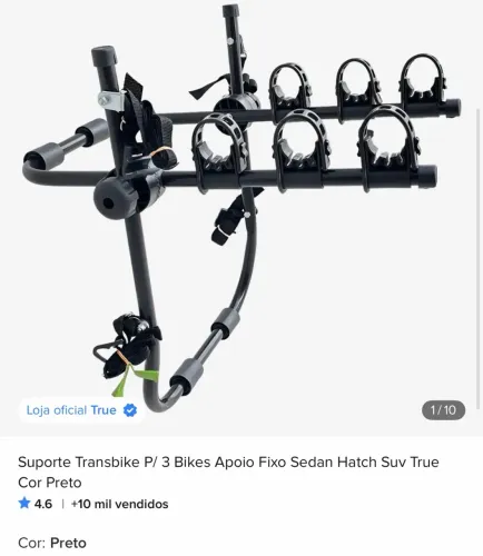 Suporte Transbike P/ 3 Bikes Apoio Fixo Sedan Hatch Suv True Cor Preto