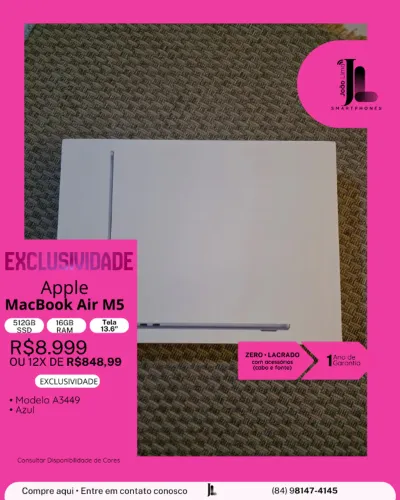 MACBOOK AIR M5, 512GB, 16GB RAM, TELA 13.6 POL., LACRADO, LANÇAMENTO!
