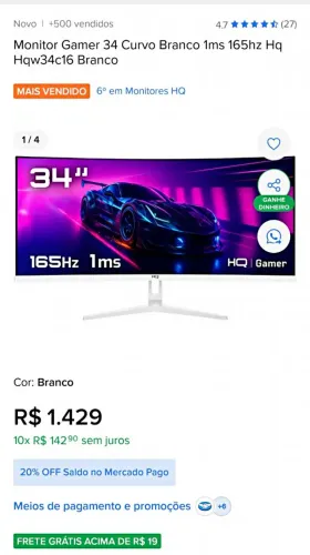 Monitor hq 34" quad HD tela curva 