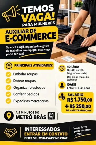 Vaga de emprego auxiliar de e-comerce para mulheres ao lado do metrô Brás