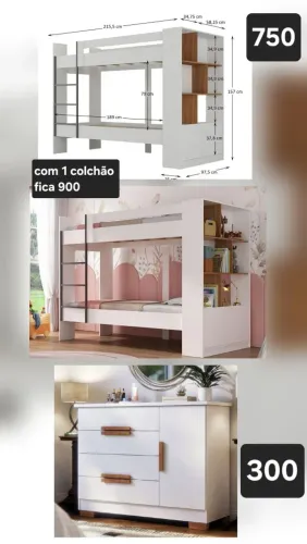 Conjunto Quarto Infantil - Beliche com Prateleiras + Cômoda