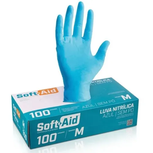 Luva Nitrilica Descartável M Proc. Sem pó 100 unidades| Soft Aid Med top da categoria.
