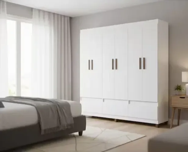 Guarda-Roupa Casal Bartira Ilhéus 6 Portas de Bater 3 Gavetas Externas MDF - Branco