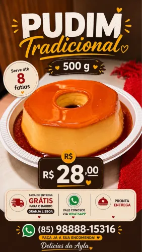 PUDIM TRADICIONAL 500ML SERVE ATÉ 8 FATIAS (já vai na forma própria)