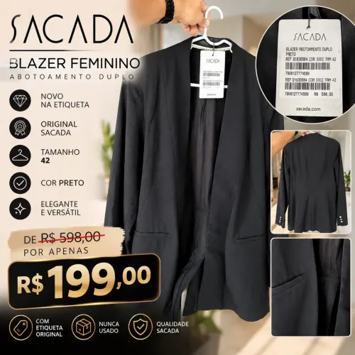 BLAZER FEMININO SACADA PRETO | TAMANHO 42 | NOVO COM ETIQUETA