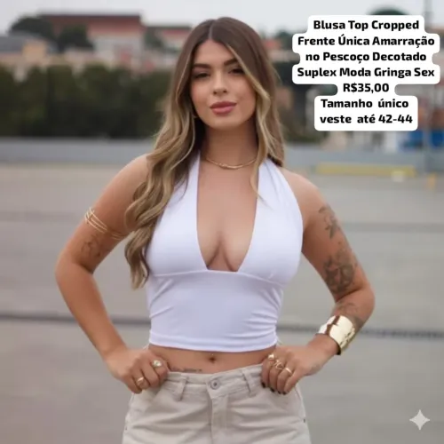 Blusa Top Cropped Frente Única Amarração no Pescoço Decotado Suplex Moda