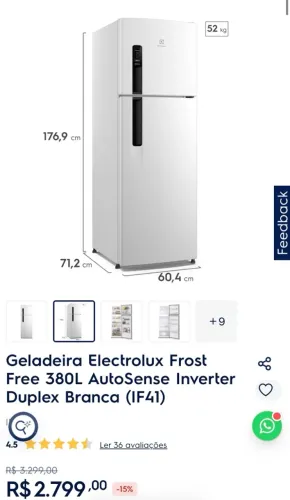 Geladeira Electrolux Frost Free 380L AutoSense Inverter Duplex