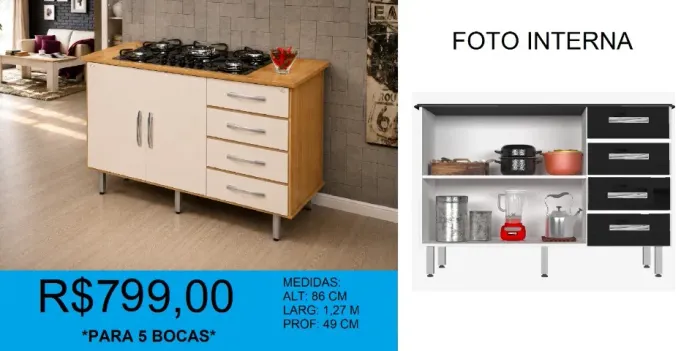 Balcão cooktop 5 bocas larg:1,27m - parcelado até 12X sem juros