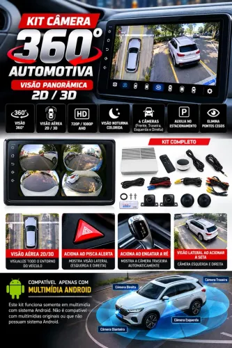 Kit Câmera 360° Automotiva 2D/3D - Visão Panorâmica com 4 Câmeras
