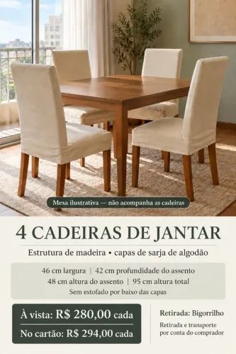 4 CADEIRAS DE JANTAR EM MADEIRA COM CAPAS DE SARJA