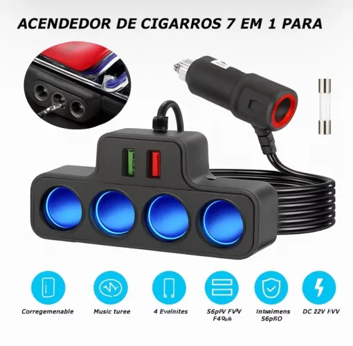Carregador veicular turbo 120 watts distribuidos 7 em 1 USB 