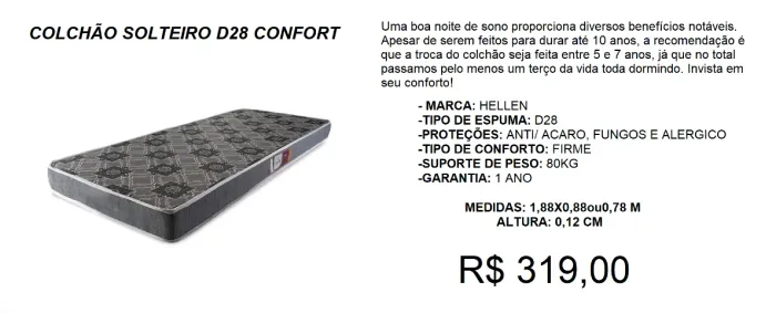 Colchão Solteiro D28 0,78 ou 0,88 x 1,88 - Entrega GRATIS