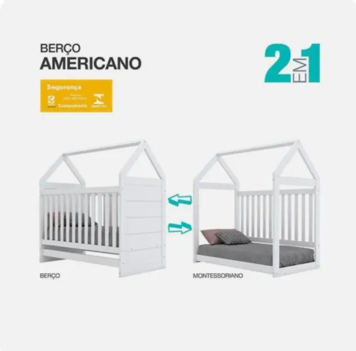Berço Americano HENN 2 em 1 - Branco BRINDE: COLCHÃO E PROTETORES DE GRADE - SAFARI