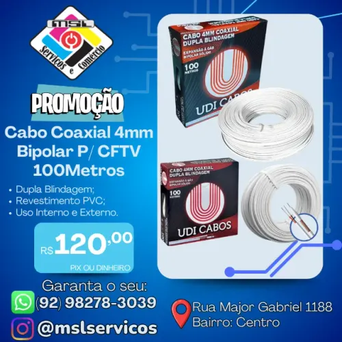 Cabo Coaxial 4mm Bipolar para CFTV - 100 Metros