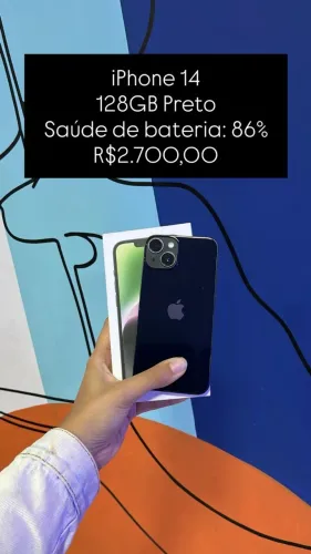 iPhone 14 / 128GB / Preto / Saúde de bateria 86% / R$ 2.700,00