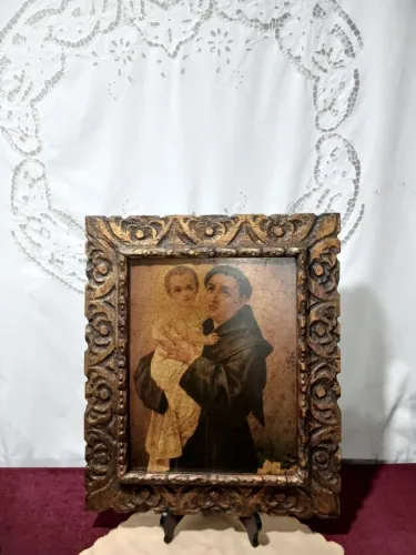 Antigo Quadro Santo Antonio Gravura Época Moldura De Madeira