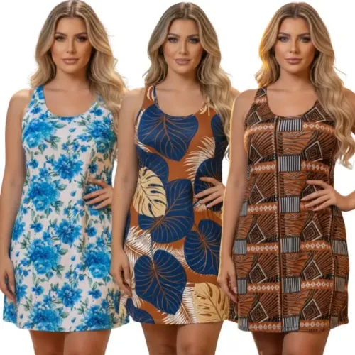 Kit 3 Vestidos Regata Liganete - Não Amassa (Estampas Sortidas) Revenda - Fabricamos