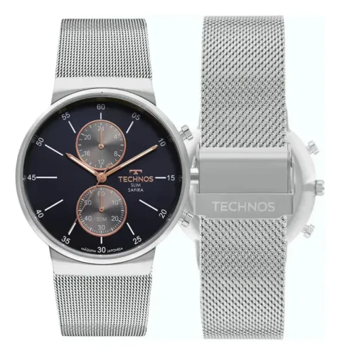 Relógio Technos Masculino Slim Prata - Fundo Azul (Original)