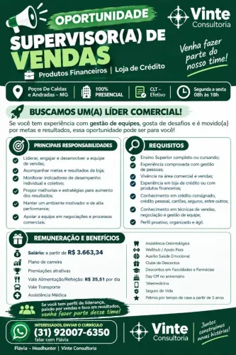 Supervisor(a) de Vendas - Poços de Caldas e Andradas MG