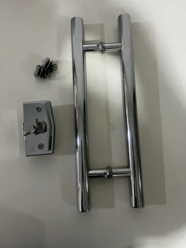 Kit puxador ,Fechadura e rolamento para porta de vidro temperado