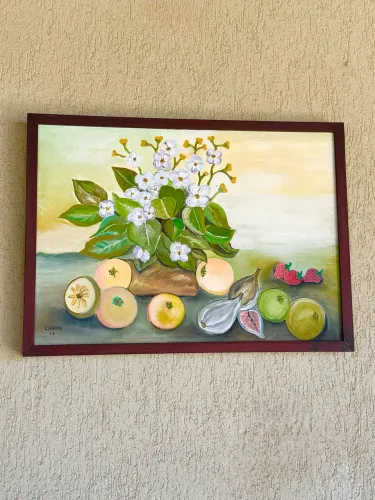 Quadro Decorativo Floral e Frutas Pintado à Mão - Assinado e Datado