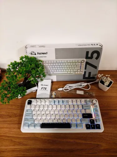 Teclado gamer sem fio freewolf f75 Novo mecânico com led