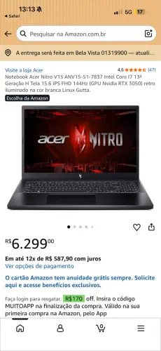 ACER NITRO V15 8gb ram 3050 rtx i7