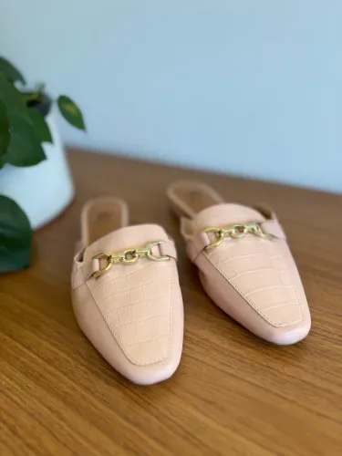 Sapato Mule 38 Feminina Rosa com Metal Dourado