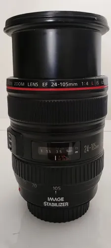Lente Canon 24x105 F-4.0, foco automático, estabilizador de imagem.