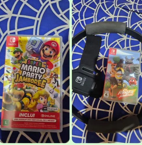 2 jogos: Ring Fit Adventure e Mario Party Jamboree