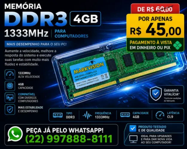 Memória de computador DDR3 de 1333 mhz NÃO RESERVO ( Contato apenas Whatsapp ) produto usa