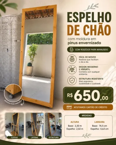 Espelho com rodízios e estrutura em madeira