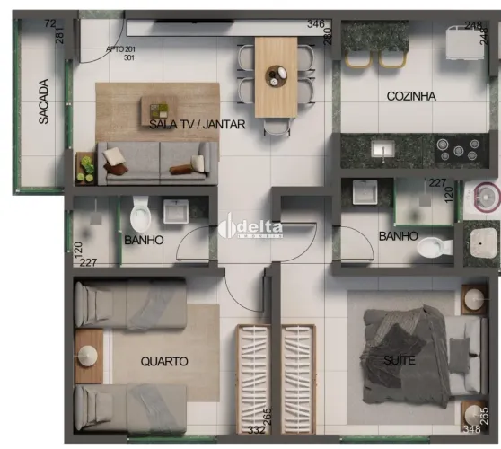 Apartamento com 2 quartos sendo 1 suíte disponível para venda no bairro Santa Mônica em Ub
