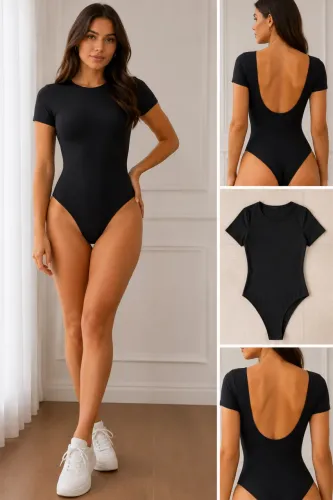 Bazar | Body Preto Decote Costas Profundo Manga Curta