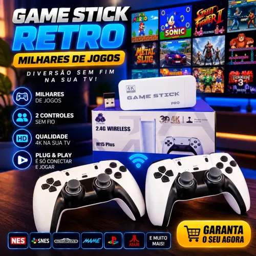 Videogame Stick retrô com dois controles sem fio +de 15mil jogos