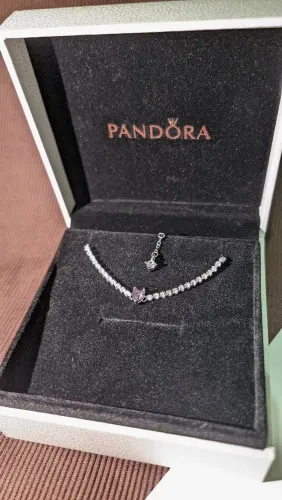 Pulseira Bracelete pandora Riviera Coracao Brilhante roxa prata 925