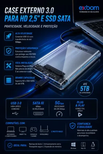 Case para HD e SSD 2.5" Transparente Exbom Original