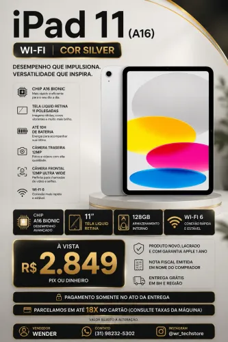 iPad 11 128GB WI-FI SILVER Produto novo, lacrado, com NF e garantia Apple.