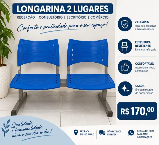 Longarina 2 Lugares Azul - Recepção/Clínica/Escritório
