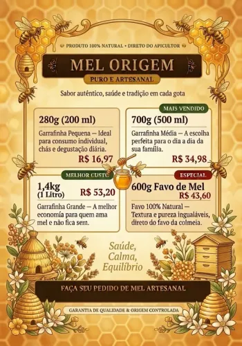 Mel Origem: Mel e Favos de mel puro e artesanal