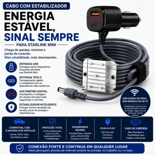 Cabo com Estabilizador e carregador para Starlink Mini 2 Metros - Sinal não ca